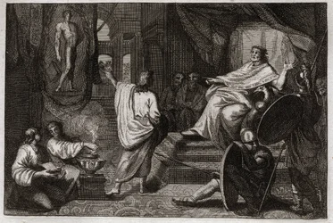Biblia Royaumont, Stary Testament: prorok Daniela. Prorok Daniel objawia królowi Nabuchodonozorowi II sen, który miał, i wyjaśnia mu, co miał na myśli. Ilustracja z 1811 roku.