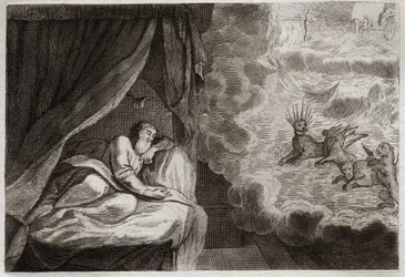 Biblia Royaumont, Stary Testament: wizja Daniela czterech monarchii Asyryjczyków, Persów, Greków i Rzymian. Widzą cztery potwory: Haniel, Kafziel, Azriel, Aniel. Ilustracja z 1811 roku.