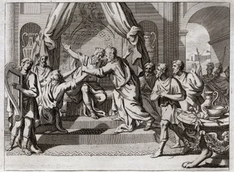 Biblia Royaumont, Stary Testament: Dawid gra na harfie. Saul odrzucony od Boga zostaje porwany przez złego ducha. Szukamy człowieka, który umie grać na harfie, by ulżyć mu w złu. Ilustracja z 1811 roku.