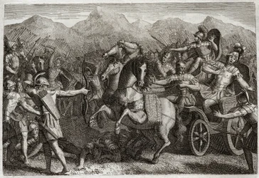 Biblia Royaumont, Stary Testament: Śmierć Achaba. Achab (Achab) prowadził wojnę przeciwko Syrii i został zabity przypadkową strzałą. Ilustracja z 1811 roku.