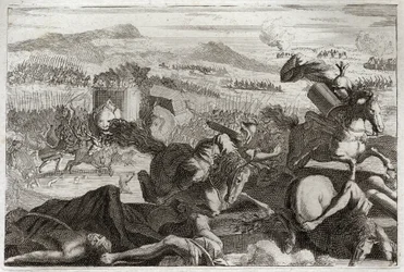 Biblia Royaumont, Stary Testament: Śmierć Judasza. Klęska Demetriosa I Sotera i Nicanora. Śmierć Judasza Machabeusza (Machabe, Macabee) w bitwie. Ilustracja z 1811 roku.