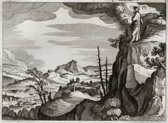 Biblia Royaumont, Stary Testament: Śmierć Mojżesza. Bóg pokazuje Mojżeszowi ziemię Kanaanu ze szczytu góry Nebo, gdzie umiera, nie wiedząc, gdzie jest jego ciało. Ilustracja z 1811 roku.