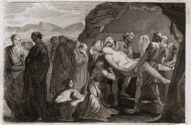Biblia Royaumont, Stary Testament: Śmierć Sary. Sara (Sara) umiera. Abraham, aby go pochować, kupił grób w mieście Geth. Ilustracja z 1811 roku.