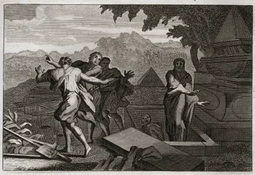Biblia Royaumont, Stary Testament: Śmierć wschodzi. Martwy mężczyzna został przypadkowo upuszczony przy grobie Elisee i zmartwychwstał dotykając jego kości. Ilustracja z 1811 roku.