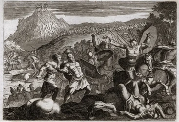 Biblia Royaumont, Stary Testament: Klęska Amaleka (Amalek). Mojżesz odniósł zwycięstwo nad Amalekitami, trzymając ręce wysoko w niebie. Ilustracja z 1811 roku.