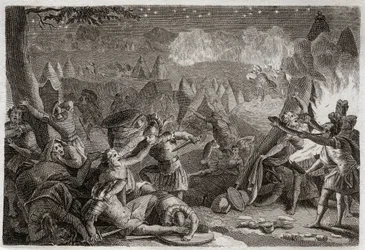 Biblia Royaumont, Stary Testament: Klęska Midianitów przy dźwiękach trąb i światłach lamp. Ilustracja z 1811 roku.