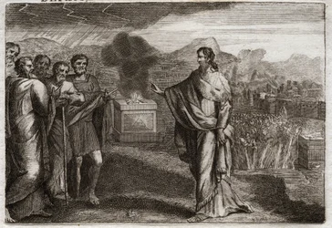 Biblia Royaumont, Stary Testament: Klęska Filistynów. Samuel ofiarowuje Bogu holokaust. Wtedy Żydzi bronią Filistynów. Ilustracja z 1811 roku.