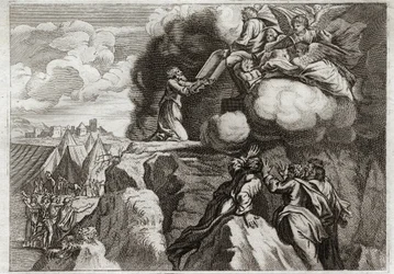 Biblia Royaumont, Stary Testament: Pierwsze Tablice Prawa. Bóg daje Prawo swojemu ludowi na górze Synaj. Mojżesz otrzymuje 10 przykazań z rąk Boga. Ilustracja z 1811 roku.