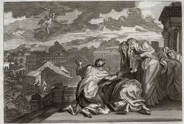 Biblia Royaumont, Stary Testament: Fleau of the Plague. A Dawid, uczyniwszy zacienienie całego swego ludu przez ruch próżności, Bóg zaraża swoje królestwo zarazą, która w ciągu trzech dni zabiera siedemdziesiąt tysięcy ludzi. Ilustracja z 1811 roku.