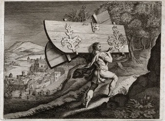 Biblia Royaumont, Stary Testament: Bramy Gazy. Samson, zamknij się w Gazie, wyrwij bramy miasta. Ilustracja z 1811 roku.
