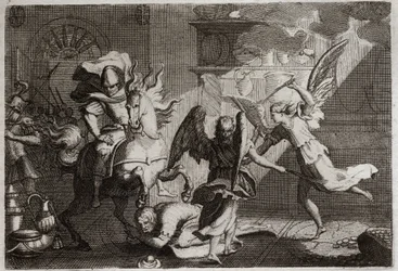 Biblia Royaumont, Stary Testament: Heliodor polujący na świątynię. Heliodor (Heliodoros) wysłany przez swego władcę w celu splądrowania Świątyni Jerozolimskiej, został pobity dziedzińcami przez anioły. Ilustracja z 1811 roku.