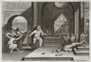 Biblia z Royaumont, Stary Testament: bożek Dagona. Gdy Filistyni umieścili Arkę Przymierza w świątyni obok Dagona, swego boga, ona powaliła ich bożka i dotknęła ich wszystkich ciężką zarazą, co zmusiło ich do odesłania jej. Ilustracja