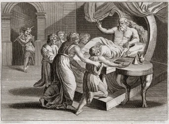 Biblia Royaumont, Stary Testament: Izaak pobłogosławił Jakuba. Izaak pragnąc pobłogosławić Ezawa, poprzez mądrość Rebeki, do której należała zgodnie z planem Bożym, udziela jej błogosławieństwa Jakubowi. Ilustracja z 1811 roku.
