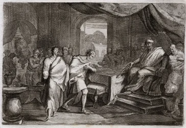 Biblia Royaumont, Stary Testament: Joachim strzela żelazem. Zły merodach (zły merodak, zły merodak), król Babilonu, po śmierci Nabuchodonozora II, traktuje Joachima (Joakima, Joachina, Jechoniasza), niegdyś króla Judy, i wyciąga go z kajdan, by usiadł na