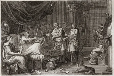 Biblia Royaumont, Stary Testament: Judasz Machabeusz. Judasz Machabeusz (Maccabee, Macabee) zastąpił swojego ojca Matathiasza (Matathias, Mattathias) w prowadzeniu armii i wspierał cały naród żydowski przeciwko uciskowi Seleucydów. Ilustracja