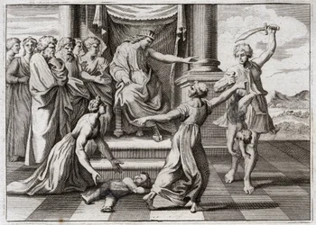 Biblia Royaumont, Stary Testament: Wyrok Salomona. Słynny osąd Salomona między dwiema kobietami, aby rozpoznać, która z nich jest matką dziecka, które obie twierdziły, że są nią. Ilustracja z 1811 roku.