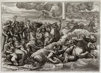 Biblia Royaumont, Stary Testament: Faraon zanurza się w Morzu Czerwonym. Przejście przez Morze Czerwone przez Mojżesza i Hebrajczyków, zatopienie armii faraona. Ilustracja z 1811 roku.