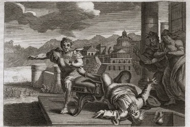 Biblia Royaumont, Stary Testament: Kara Heli. Bóg, aby ukarać wielkiego kapłana Heli (Eli) za jego zaniedbanie w przejmowaniu rozkazów swoich dzieci, pozwala mu upaść z siedzenia i złamać głowę, słysząc wiadomość o ich śmierci