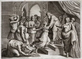 Biblia Royaumont, Stary Testament: Królowa Saby. Królowa Saby przybywa do Salomona, aby wysłuchać jego mądrości i ofiarować mu prezenty. Ilustracja z 1811 roku.