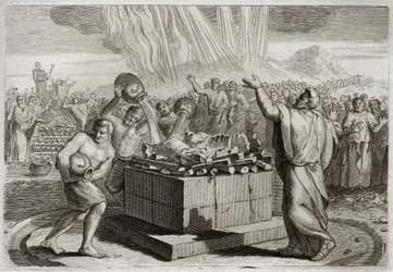 Biblia Royaumont, Stary Testament: Ofiara Eliasza. A gdy objawił prawdziwego Boga cudem ognia, który zstąpił z nieba na jego ofiarę, nakazał ludowi zabić czterystu pięćdziesięciu kapłanów bożka Baala. Ilustracja