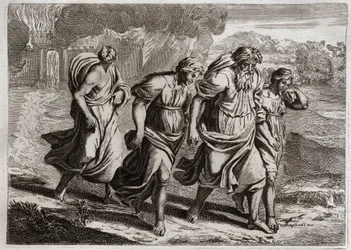 Biblia Royaumont, Stary Testament: Sodom brulee. Bóg drażni ohydne zbrodnie Sodomy, pali ją wraz z innymi sąsiednimi miastami deszczem ognia i siarki, który spala z nieba (Loth, jego córki i jego żona uciekają z miasta). Ilustracja