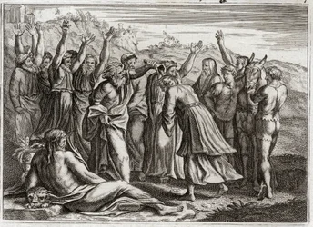 Biblia Royaumont, Stary Testament: Salomon King. Dawid ustanowił króla Salomona na modlitwę Betsabee i proroka Natana. Ilustracja z 1811 roku.