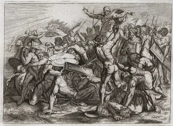 Biblia Royaumont, Stary Testament: Sun Stop. Joshua goniący swoich amoryckich wrogów (amorrytów) sprawia, że Słońce zatrzymuje się, dzięki czemu ma więcej czasu na ich cofnięcie. Ilustracja z 1811 roku.
