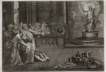 Biblia Royaumont, Stary Testament: Idol Bel. Daniel zniszczył bożka Bela i zabił smoka, którego czcili Babilończycy. Ilustracja z 1811 roku.