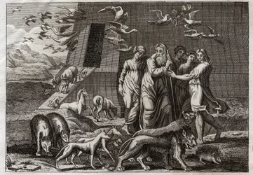 Biblia Royaumont, Stary Testament: Tęcza. Noe opuszcza Arkę i składa ofiarę Bogu, który przyjmuje ją życzliwie. Obiecuje, że nie ześle już więcej potopu na ziemię. Daje tęczę jako znak prawdziwości tej obietnicy. Ilustracja z 181