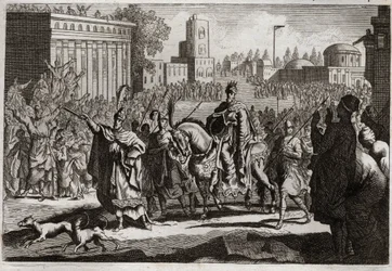 Biblia Royaumont, Stary Testament: Triumf Mardochee. Aman (Haman) zostaje zmuszony przez króla do opublikowania triumfu Mardochee (lub Mordechaja lub Mordechaj) swego wroga w mieście Susan (lepiej znanym jako Susa). Ilustracja z 1811 roku.