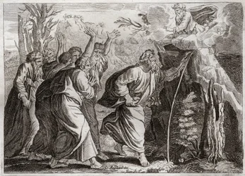 Biblia Royaumont, Stary Testament: Woda ze Skały. Mojżesz wydobywa wodę ze skały i napoi Izraelitów. Ilustracja z 1811 roku.