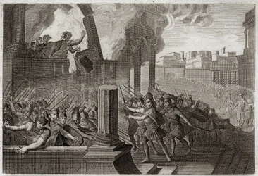 Biblia Royaumont, Stary Testament: oparzenia Zambri. Zambri, zbuntowany przeciwko Eli, czwartemu królowi Izraela, oblega Tersę, gdzie spala się wraz z całą rodziną w swoim pałacu. Ilustracja z 1811 roku.