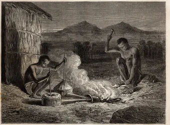 Kowale w Simiango, nad brzegiem rzeki Zambes. Grawerowanie ilustrujące pierwsze podróże dr Livingstone