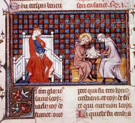 Blanche de Castille, królowa Francji (1188-1252), kierująca edukacją jej syna Ludwika IX (1214-1270) (Miniatura św. Ludwika z rękopisu „Życie i cuda św. Ludwika” Wilhelma św.
