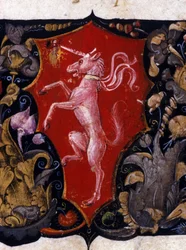 Blazon dekorujący jednorożca na czerwonym tle. Szczegół miniatury. XV wiek