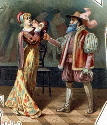 Sinobrody. Baśń Charlesa Perraulta. 1697. Chromolitografia z końca XIX wieku. Naklejka „Po niskiej cenie”. „Sinobrody przesłuchuje swoją żonę, która próbowała wejść do gabinetu, gdzie zamordowano żony Sinobrodego.”