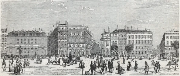 Boulevard des Italians z kawiarnią de Paris, rue Taitbout, domem doree, rue Lafitte, kawiarnią Riche i rue Lepelletier - Grawerowanie w „Tableau-de-Paris” Edmonda Texiera 1852