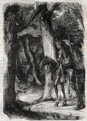 Bradamante apercoit Pinabel (Pinabello) - rycina z 1851 r. z „Roland furieux” (Orlando furioso) (XVI w.) Ludovico Ariosto, znanego jako Ariosta - Wydanie przetłumaczone z języka włoskiego przez hrabiego Tressan i opublikowane przez Gustave Harvard 1851