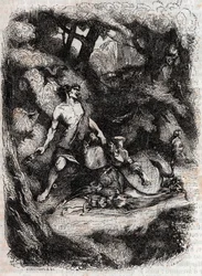 Bradamante terrassee olbrzyma - rycina z 1851 r. z „Wściekły Roland” (Orlando furioso) (XVI w.) Ludovico Ariosto, znanego jako Ariosta - Wydanie przetłumaczone z języka włoskiego przez hrabiego Tressan i wydane przez Gustave