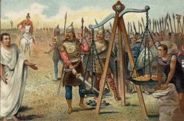 Brennus kładzie miecz na szali, 390 p.n.e.: złupienie Rzymu przez Galów dowodzonych przez ich wodza Brennusa (Brennosa). Wobec oporu Rzymian Brennus zgodził się na rokowania z rzymskim trybunem wojskowym Kwintusem Sulpicjuszem: opuścił Rzym w zamian za