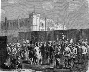 Breslau (lub Wrocław), kirasjerzy gwardii pruskiej w kampanii przeciwko Austrii w 1866 r. Grawerowanie