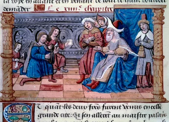 Bracia Nicolo i Matteo Polo, ojciec i wuj młodego Marco Polo (1254-1324) zostali przyjęci na dworze Wielkiego Kubilaja (Kubilai Khan, pierwszy cesarz mongolskiej dynastii Yuan (1215-1294), cesarz mongolski w 1271 r.” Miniatura zaczerpnięta z „