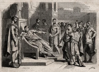 Brutus skazujący syna na śmierć - Brutus (Marcus Junius Brutus, 85-42 pne) skazujący swoich synów na śmierć - rycina w „Dictionnaire populaire illustrious” - 1864 - Joseph Decembre i Edmond Allonier -