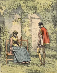 Bussy i Diane, znana jako Madame de Monsoreau, w ogrodzie gotowym do Kościoła. Ilustracja do powieści „La Dame de Monsoreau” Aleksandra Dumasa w „Journal des novels populaires illustrés”