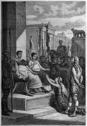 NIEWOLNOŚĆ CHAMAKUS - Caratacus (Caratacos, Caratacus) w niewoli wraz ze swoją rodziną zwraca się do cesarza rzymskiego Klaudiusza (Claude I) (10 pne-54 ne) - Grawerowanie w "L