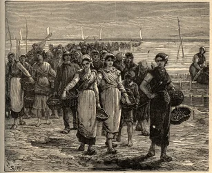 Cancale - Bretania - The Cancalaises powracające z łodzi rybackich - - grawerowanie w „” PATRIE” - PECTUREQUIREQUE OPIS FRANCJI W 6 TOMACH WG LUCIENA HUARDA - koniec XIX wieku