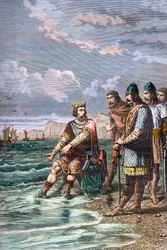 Kanut Wielki przekonuje swoich dworzan, że nie ma mocy powstrzymania przypływu - król Kanut II Wielki (Knud I Wielki) (około 995-1035), król Anglii od 1016, Danii od 1018 i Norwegii od 1030