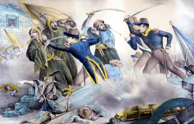 Zdobycie Konstantyna w Algierii w 1837 przez marszałka Valée. Litografia kolorowa z XIX wieku.