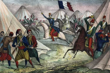 Zdobycie Smalla Abd-el-Kader w Algierii 16 maja 1843 przez księcia Aumale. W „”Storia d