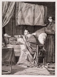 Kardynał Richelieu na łożu śmierci Ojca Józefa - rycina
